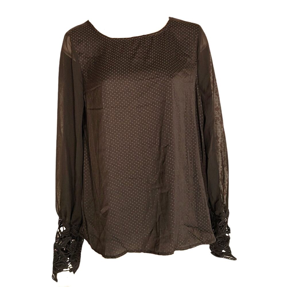 NWT Buckle Gimmicks black polka dot lace sleeve blouse size small
